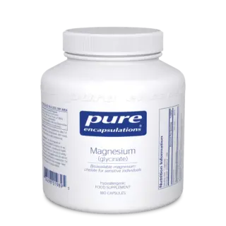 White bottle of Pure Encapsulations Magnesium Glycinate, 180 capsules.