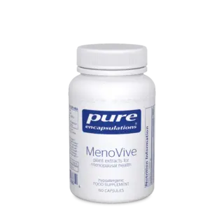 MenoVive supplement bottle, 60 capsules, for menopausal health.