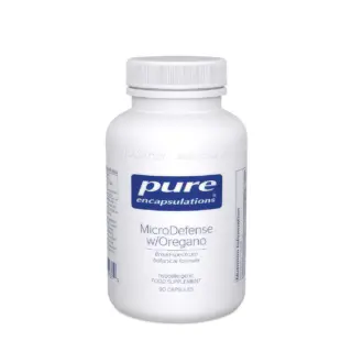 White bottle of Pure Encapsulations MicroDefense with Oregano, 90 capsules.
