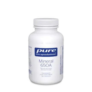 White bottle of Pure Encapsulations Mineral 650A, 180 capsules.