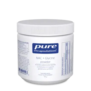 White jar of NAC + Glycine powder by Pure Encapsulations, 159g, with blue label.
