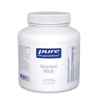 White bottle of Pure Encapsulations Nutrient 950E, 180 capsules, with label details.