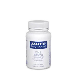 White bottle of Pure Encapsulations O.N.E. Omega, 30 softgel capsules, 1000 mg EPA & DHA.