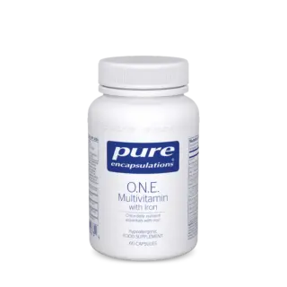 White bottle of Pure Encapsulations O.N.E. Multivitamin with Iron, 60 capsules.