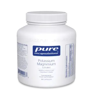 White bottle of Pure Encapsulations Potassium Magnesium citrate, 180 capsules.