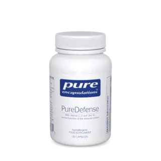 White bottle of PureDefense capsules, 120 count, with vitamins C, D, and zinc.
