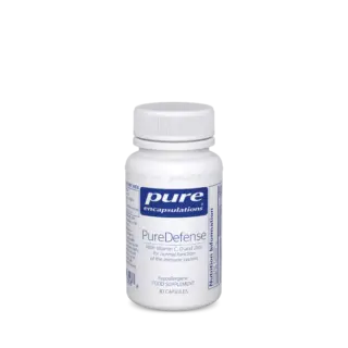 White bottle of PureDefense capsules with Vitamin C, D, and Zinc. 30 capsules.