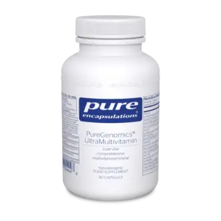 White bottle of PureGenomics UltraMultivitamin, 90 capsules, hypoallergenic.
