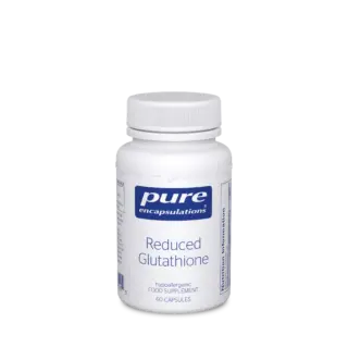 White bottle of Pure Encapsulations Reduced Glutathione, 60 capsules, hypoallergenic supplement.