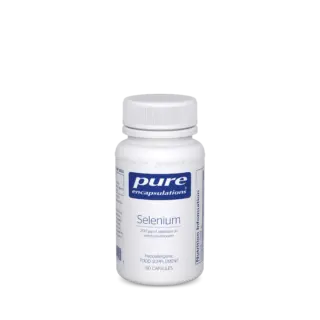 White bottle of Pure Encapsulations Selenium, 60 capsules, hypoallergenic supplement.