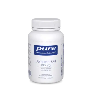 Pure Encapsulations Ubiquinol-QH 100 mg, 60 softgel capsules, hypoallergenic supplement.