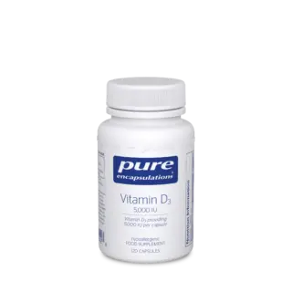 White bottle of Pure Encapsulations Vitamin D3, 5000 IU, 120 capsules.