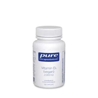 White bottle of Pure Encapsulations Vitamin D3, vegan, 2000 IU, 120 capsules.