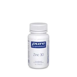 White bottle of Pure Encapsulations Zinc 30, 60 capsules, hypoallergenic food supplement.