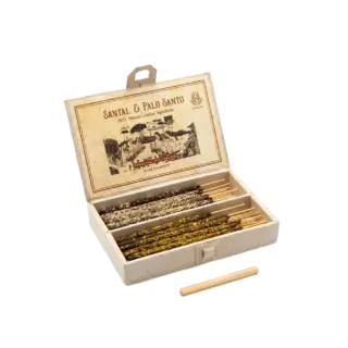 Open box of Santal & Palo Santo incense sticks with natural ingredients label.