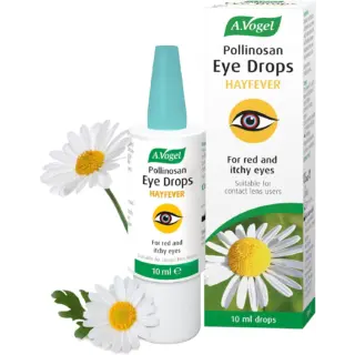 A.Vogel Pollinosan Eye Drops for hayfever, 10 ml bottle and box with daisies.