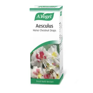 A.Vogel Aesculus Horse Chestnut Drops box with flower image. Fresh herb tincture text.