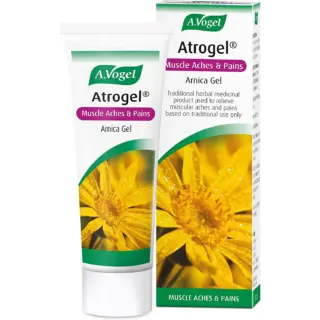 Atrogel Arnica Gel tube and box with yellow flower image. For muscle aches and pains.