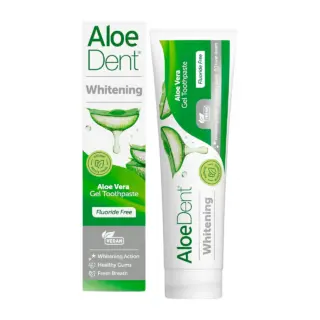 Aloe Dent Whitening Aloe Vera Gel Toothpaste, fluoride free, vegan, 75ml tube and box.