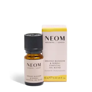 Neom orange blossom and neroli essential oil blend, 10ml bottle with packaging.
