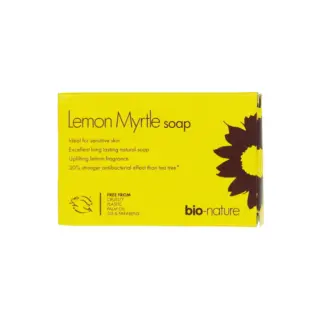 Lemon Myrtle soap box, yellow with sunflower design, bio-nature brand, cruelty-free.