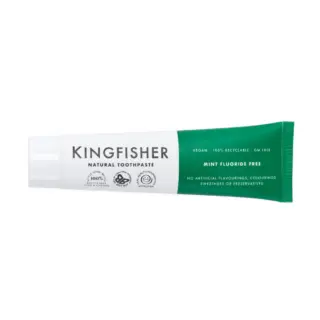 Kingfisher Natural Toothpaste tube, mint fluoride-free, vegan, recyclable, GM free.
