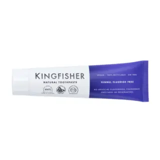 Kingfisher natural toothpaste tube, fennel fluoride-free, vegan, recyclable packaging.