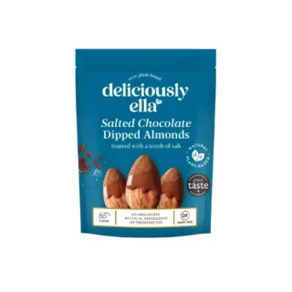 Deliciously Ella Salted Chocolate Dipped Almonds, plant-based, dairy-free, 65% cacao.