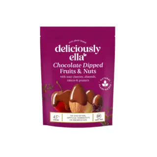Deliciously Ella chocolate dipped fruits and nuts pouch, 45% cocoa, dairy-free.