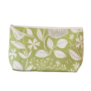 Green fabric pouch with white bird and leaf pattern.