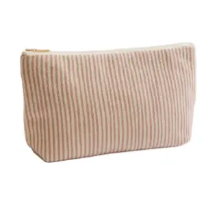 Pink and white striped fabric pouch with a zip closure.