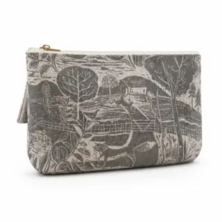 Rectangular pouch with a grey countryside print, featuring trees and a house.