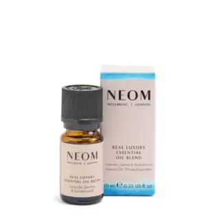 Neom Real Luxury Essential Oil Blend, 10ml bottle and box. Lavender, Jasmine, Sandalwood.