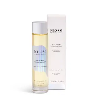 NEOM Real Luxury Wellbeing Soak, lavender, jasmine, sandalwood, 100ml bottle with box.