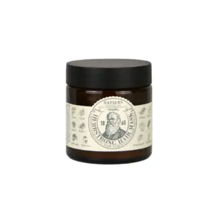 Brown jar of Napiers Herbstrong Hair Mask, 100ml, with botanical illustrations on label.