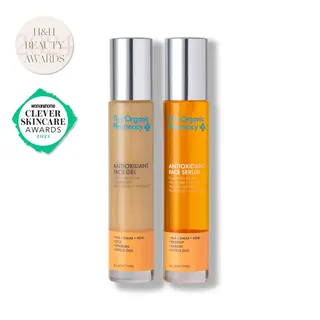Two bottles of The Organic Pharmacy Antioxidant Face Gel and Serum with award badges.