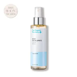 The Organic Pharmacy Rose Facial Spritz bottle with H&H Beauty Awards badge.