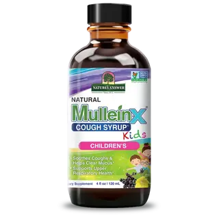 Natural MulleinX Cough Syrup for children, 120ml bottle, soothes coughs, supports respiratory health.