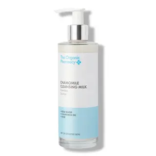 Chamomile Cleansing Milk bottle with pump, labelled for dry or sensitive skin.