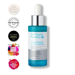The Organic Pharmacy Niacinamide Ultra 5 Serum with award badges on the left.