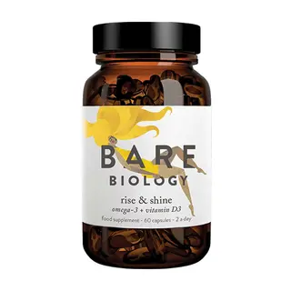 Bare Biology Rise & Shine omega-3 and vitamin D3, 60 capsules, brown bottle.