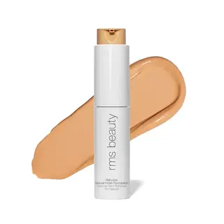RMS Beauty foundation bottle with beige swatch behind.
