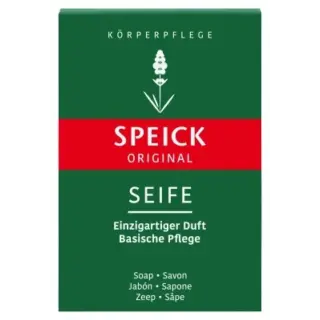 Speick Original Seife soap packaging, green with red band and white text.