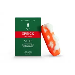 Speick Original soap box and foamy orange soap bar.