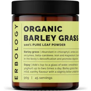 Jar of organic barley grass powder, 90g, 45 servings, by Erbology.