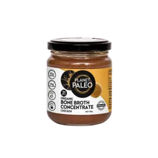 Planet Paleo chicken bone broth concentrate jar, 210g, with nutritional info on label.