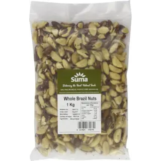 Bag of Suma whole Brazil nuts, 1 kg, with nutritional information and origin from Bolivia.