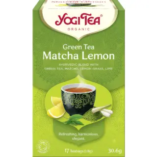 Yogi Tea Green Tea Matcha Lemon box, 17 teabags, 30.6g, with lemon and lemongrass images.