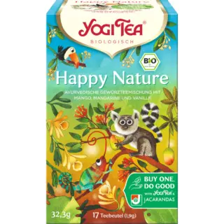 Yogi Tea Happy Nature box with lemur, chameleon, and tropical plants. Contains 17 tea bags.