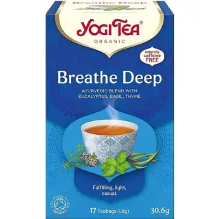 Yogi Tea Breathe Deep box with eucalyptus, basil, thyme. Contains 17 teabags, 30.6g.